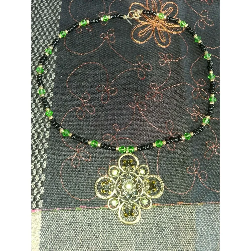 OOAK Handmade Black Green Beaded Necklace Antique Gold Floral Medallion Pendant